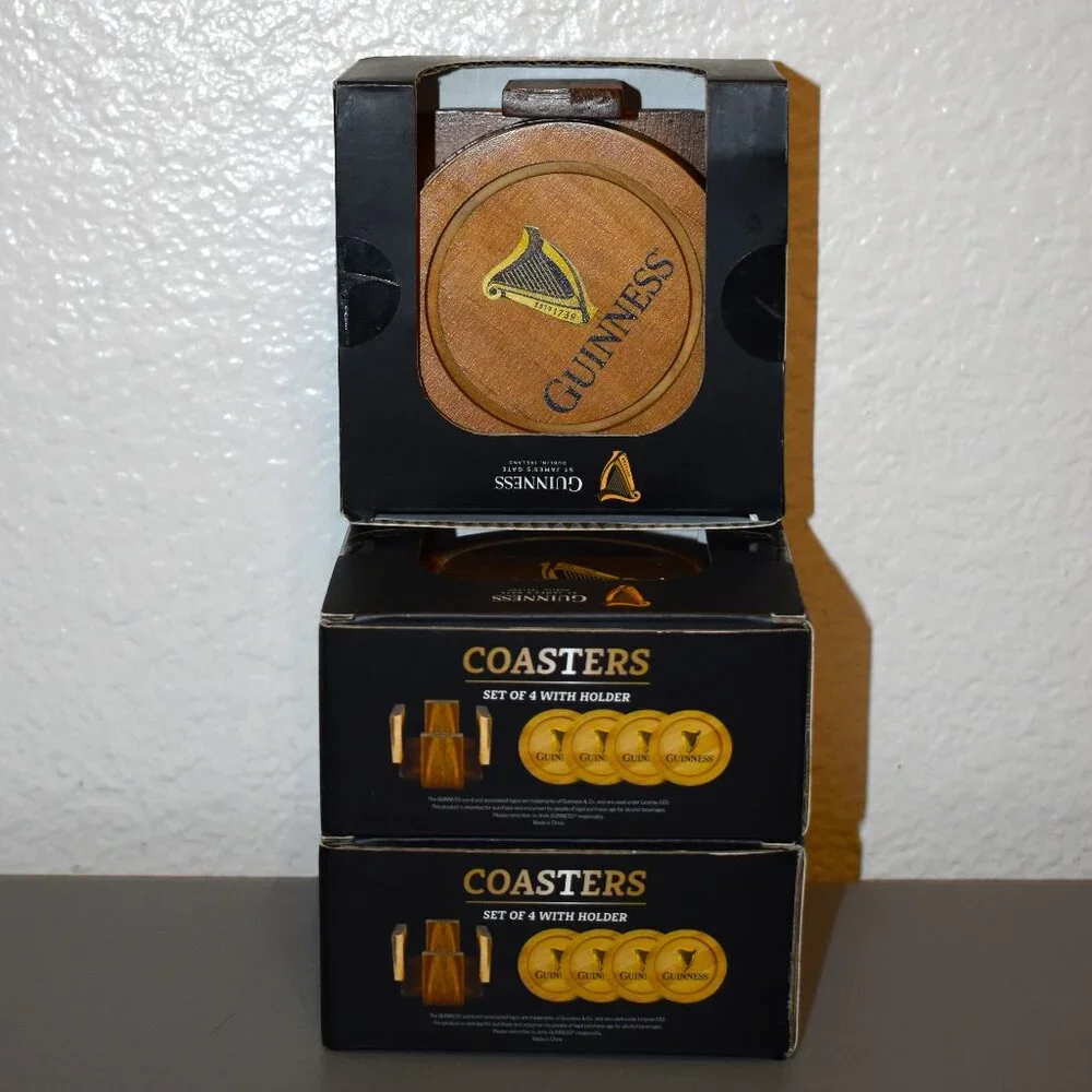 Guinness‎ Coasters Set of 4 with Holder Brown New Wood St James Gate Barware